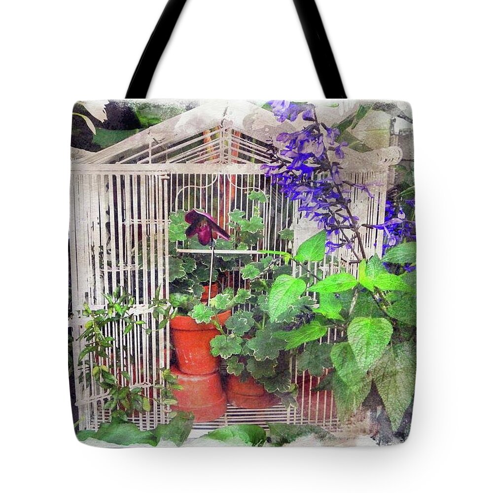 Plants Flowers Bird Cage Green House Tote Bag featuring the digital art Plants In The Bird Cage by Kathleen Moroney
