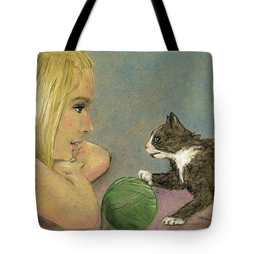 Cat Tote Bag featuring the drawing Play Ball by PJ Lewis