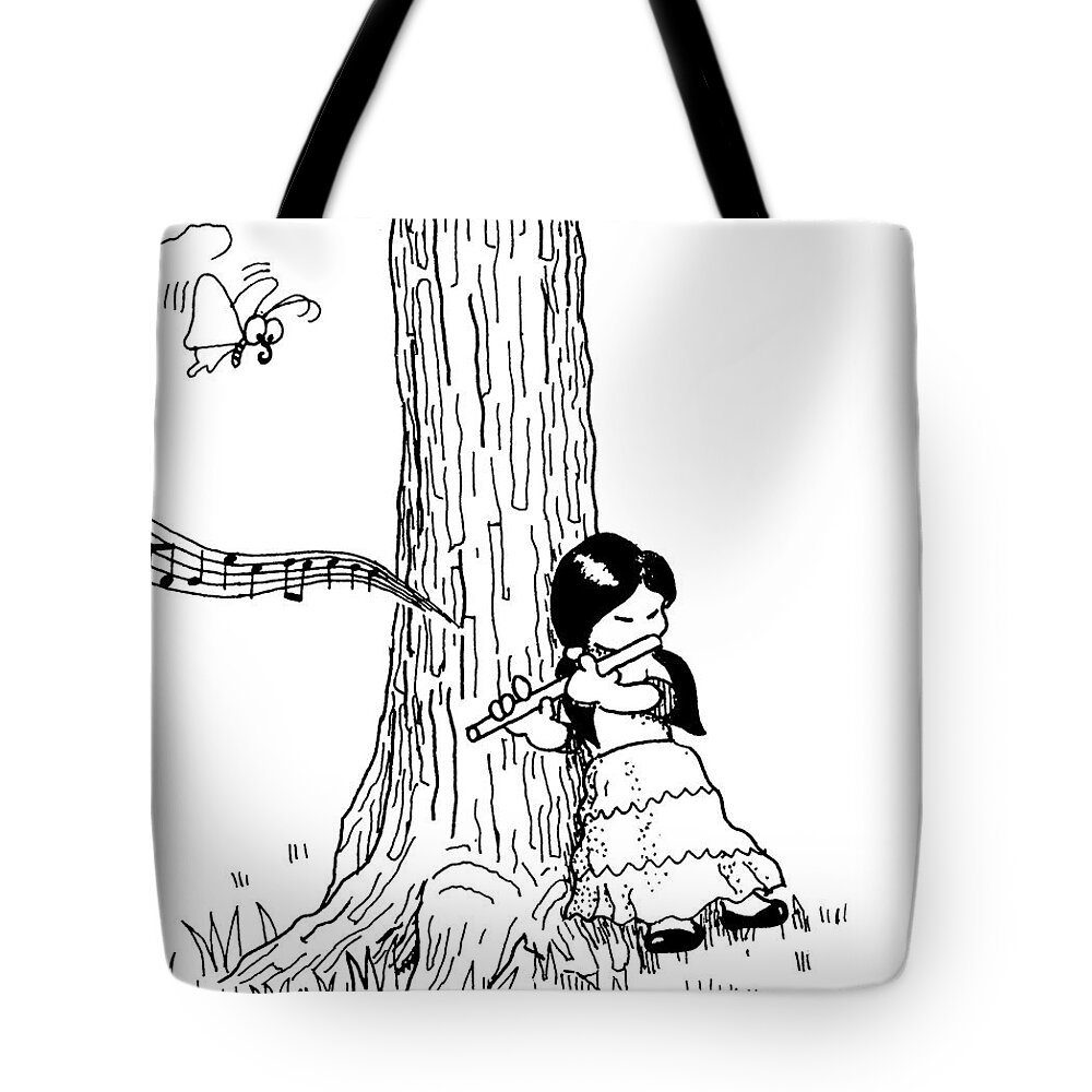 Flute Tote Bag featuring the drawing Play the flute under the tree by Minami Daminami