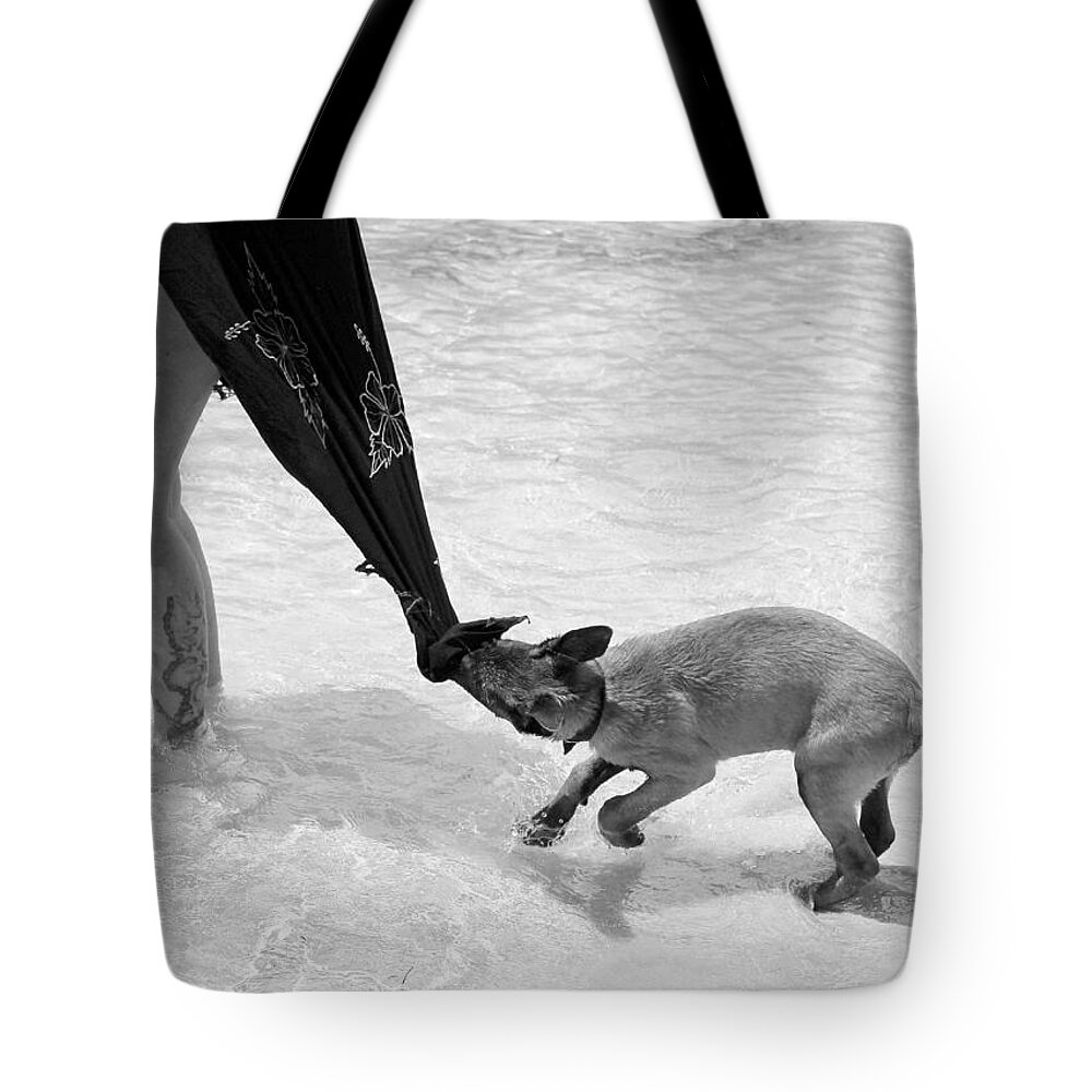 Shadows Tote Bag featuring the photograph First Time At The Beach by Fiona Kennard