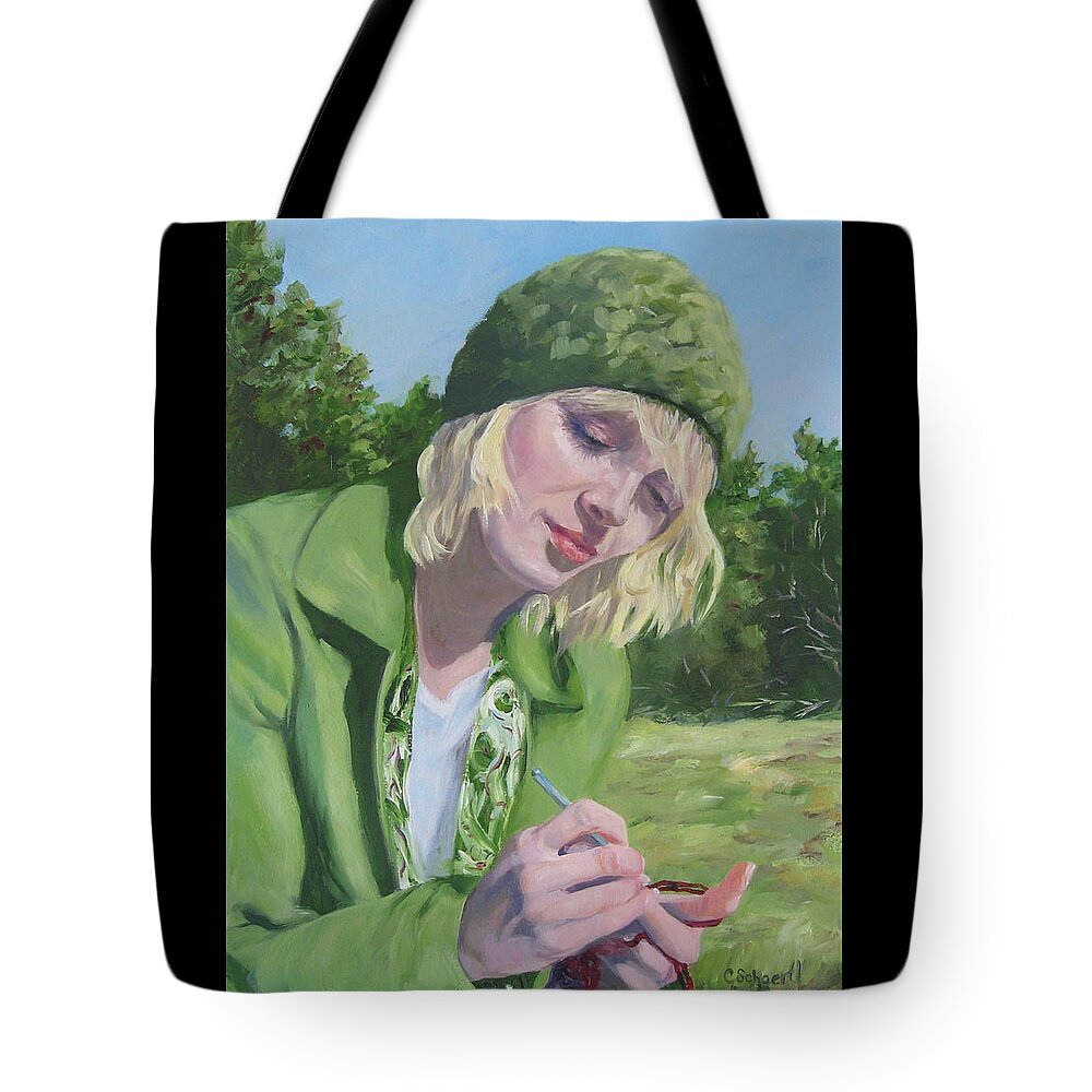 Figurative Tote Bag featuring the painting Plein Air Crocheting by Connie Schaertl