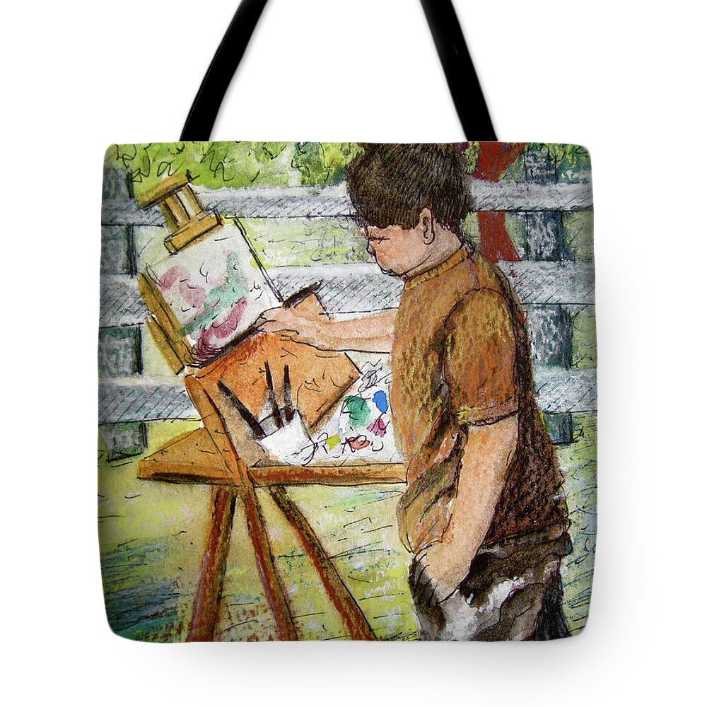 Boy Tote Bag featuring the painting Plein-Air Painter Boy by Gretchen Allen