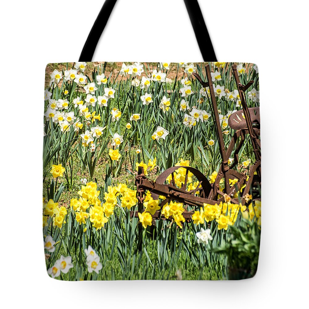  Tote Bag featuring the photograph Plow in Field of Daffodils by Wendy Carrington