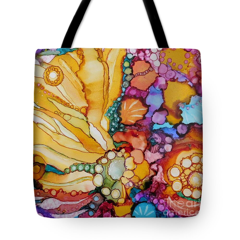 This Vibrant Rainbow-colored Abstract Design Was Done On White Ceramic Tile. Alcohol Ink Is A Very Exciting Medium Because Tote Bag featuring the painting Poco Tropical by Joan Clear