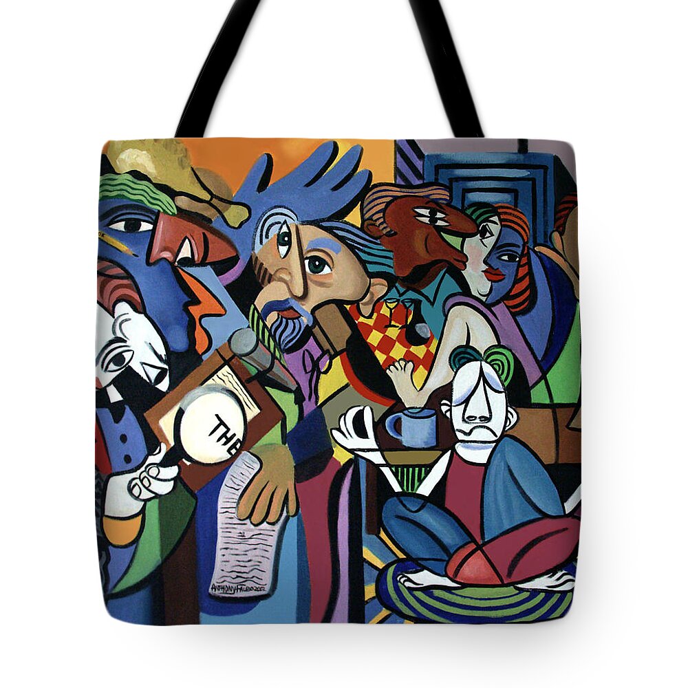 Poets Unleashed Men Talking Reading Yoga Coffee Chicken The Cubism Cubestraction Bench Impressionist Expressionism Large Giclee Canvas Print Poster Original Oil Painting On Canvas Anthony Falbo Falboart   Tote Bag featuring the painting Poets Unleashed by Anthony Falbo