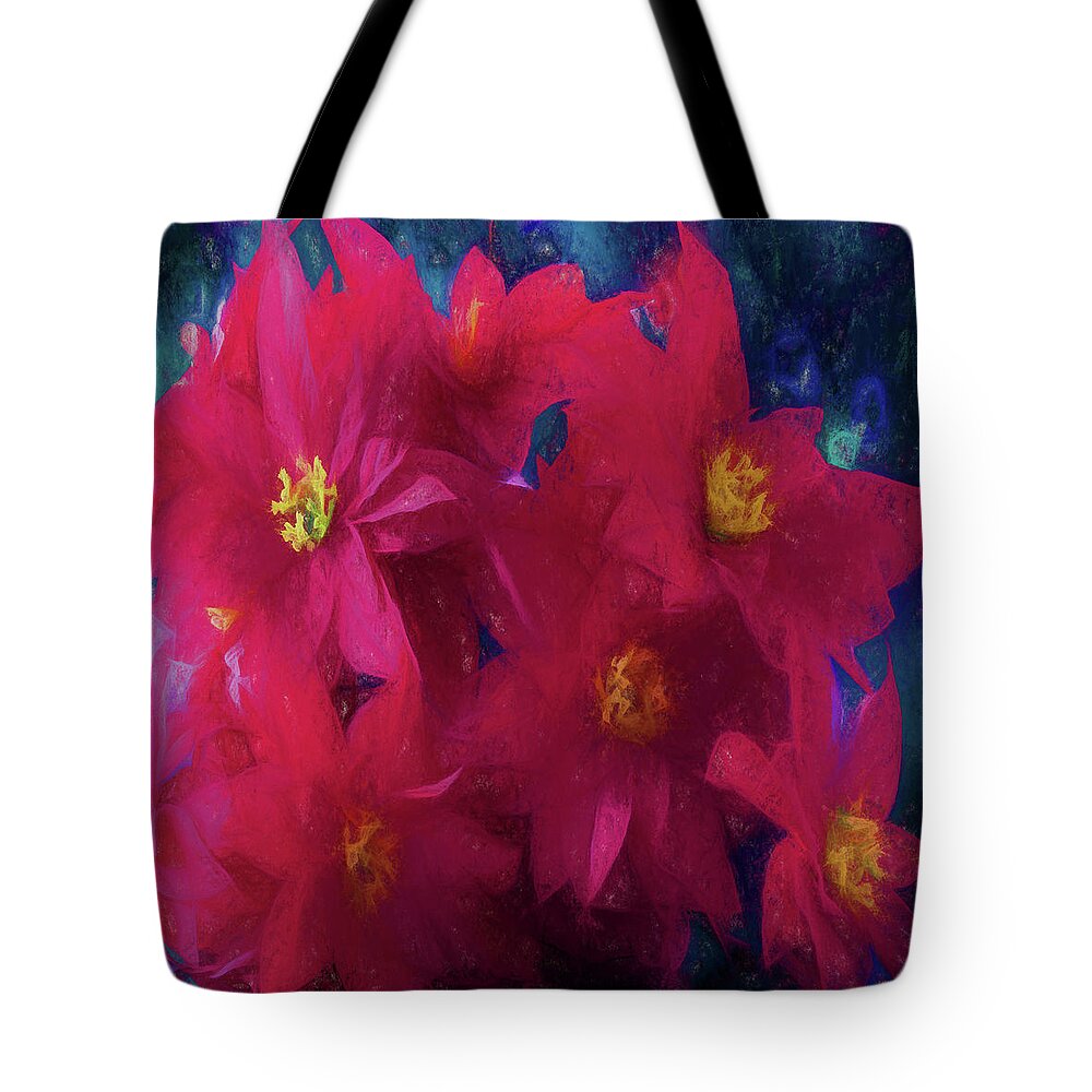 Floral Tote Bag featuring the digital art Poinsettia Abstract by Lena Owens - OLena Art Vibrant Palette Knife and Graphic Design
