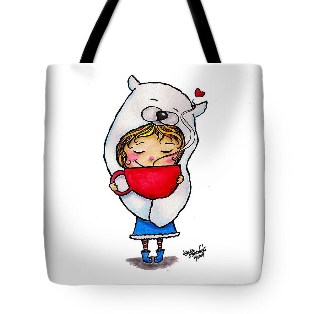 Whimsical Tote Bag featuring the digital art Polar Bear Girl with Hot Cocoa by Laura Ostrowski