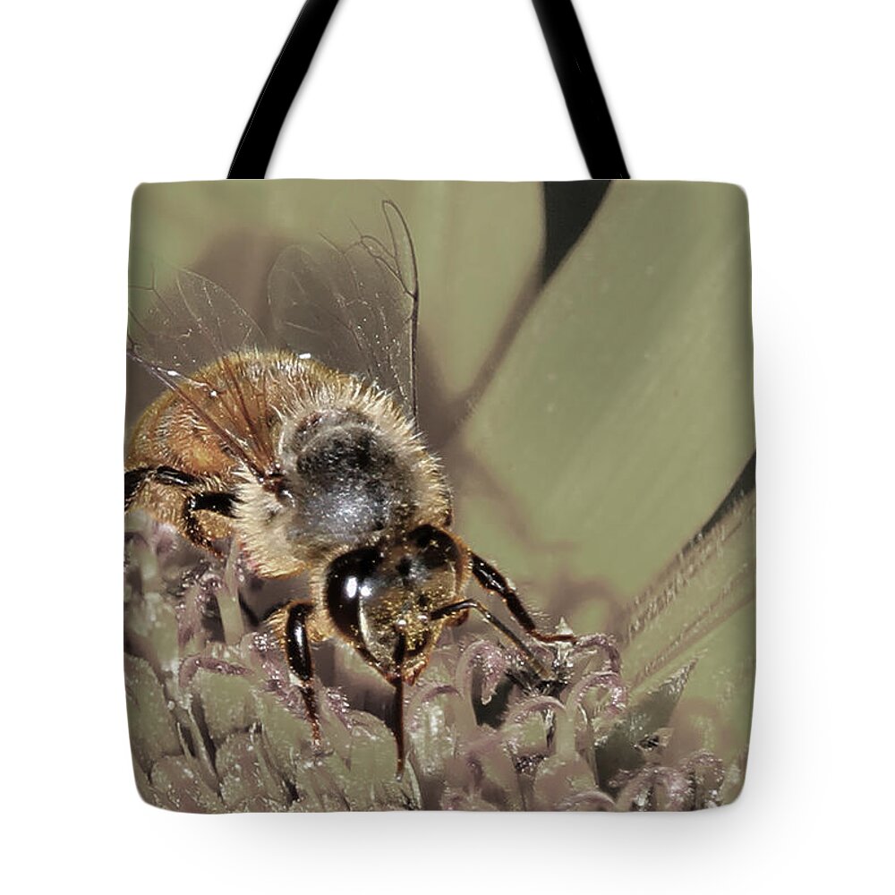 Yellow Sunflower Tote Bag featuring the photograph Pollinating Bee by David Yocum