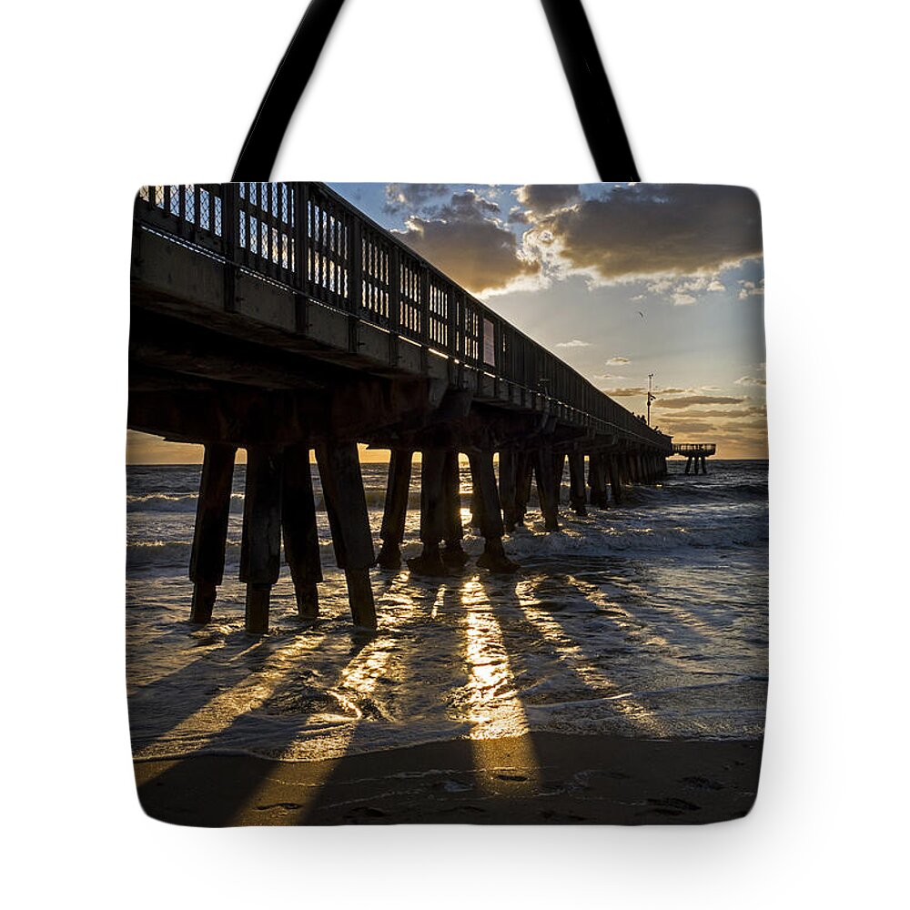 Pompano Tote Bag featuring the photograph Pompano Beach Fishing Pier at Sunrise Florida Sunrays by Toby McGuire