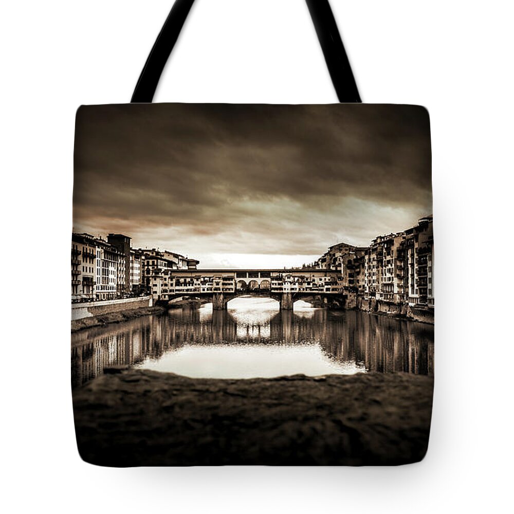 Arno Tote Bag featuring the photograph Ponte Vecchio in Sepia by Sonny Marcyan