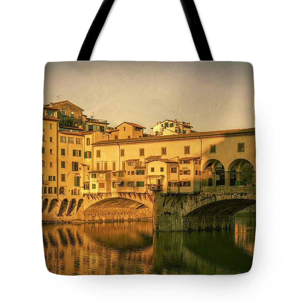 Joan Carroll Tote Bag featuring the photograph Ponte Vecchio Morning Florence Italy by Joan Carroll