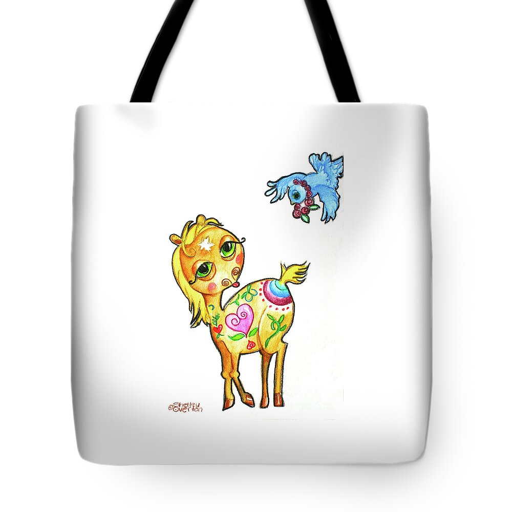 Pony Tote Bag featuring the mixed media Pony and the Bluebird Watercolor Pencil Art by Shelley Overton
