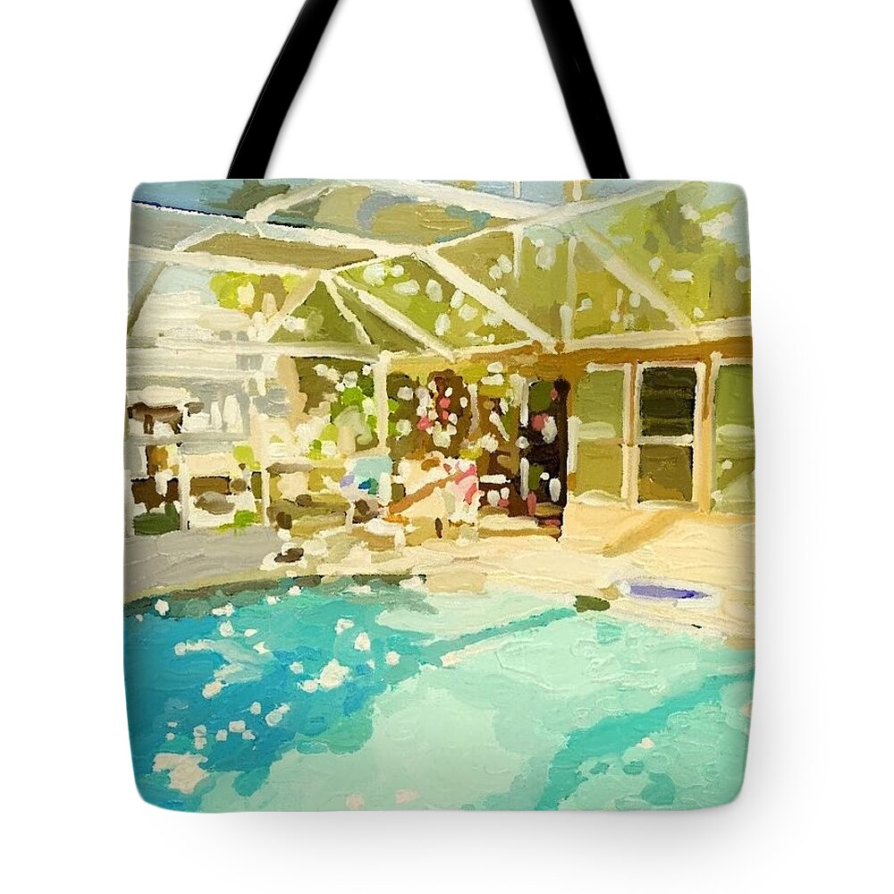 Glittering Day Tote Bag featuring the painting Pool and Screened Pool House by Melissa Abbott