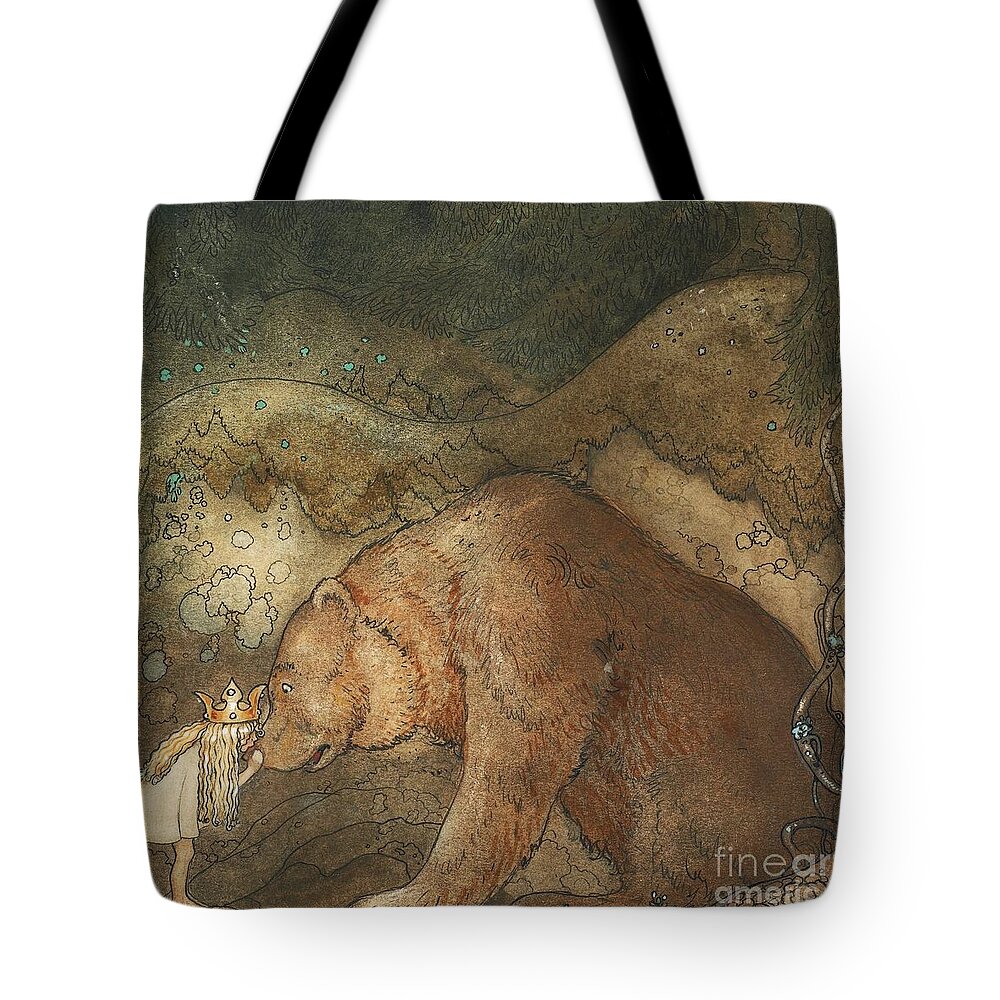 John Bauer Tote Bag featuring the painting Poor little bear by Celestial Images