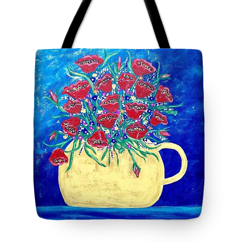 Poppy Flowers Tote Bag featuring the painting Poppy flowers love by Gina Nicolae Johnson