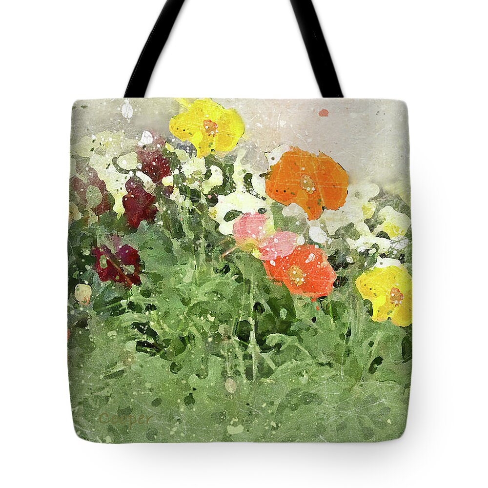 Poppies Plants Nature Yellow Orange Red Purple White Green Peggy Cooper Cooperhouse Digital Photography Art Impressionism Creative Graphic Art Design       Tote Bag featuring the digital art Poppies 2-F by Peggy Cooper-Hendon