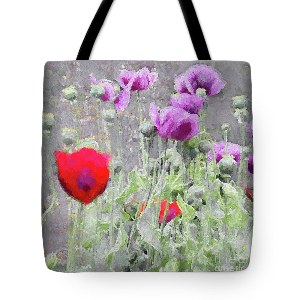 Poppy Tote Bag featuring the mixed media Poppies, 2018 by Helen White