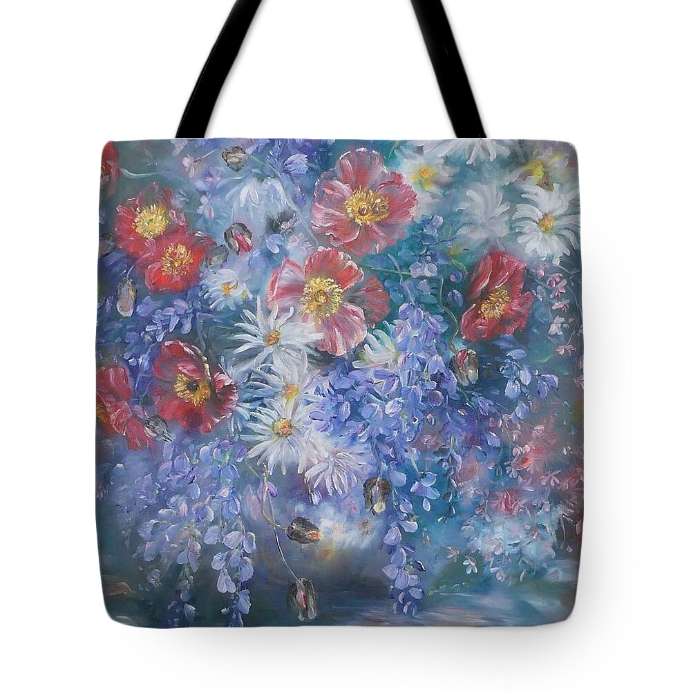 Poppies Tote Bag featuring the painting Poppies, Wisteria and marguerites by Ryn Shell