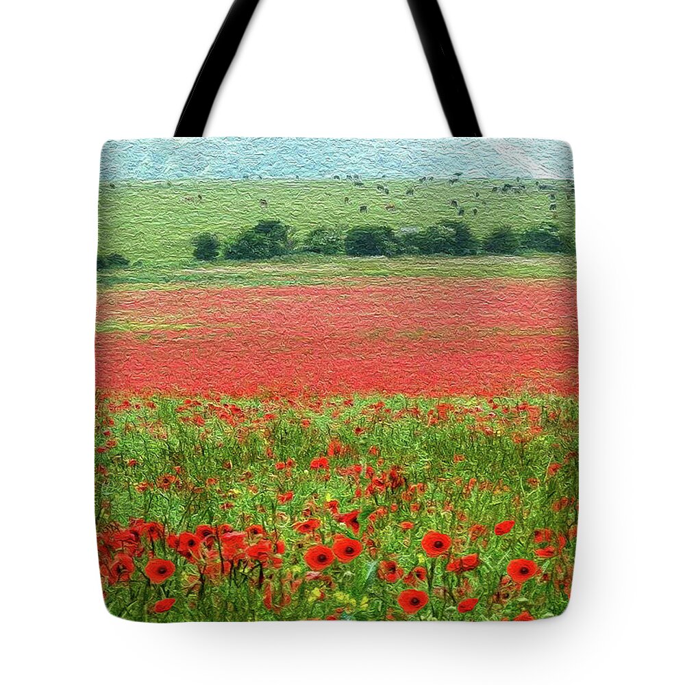 Poppies Tote Bag featuring the photograph Poppy Field and Cows by Vanessa Thomas