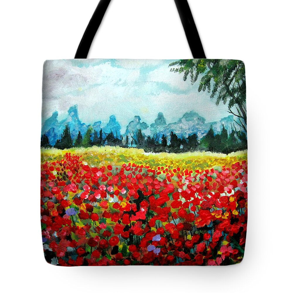 Poppies Tote Bag featuring the painting Poppy field by Mike Benton
