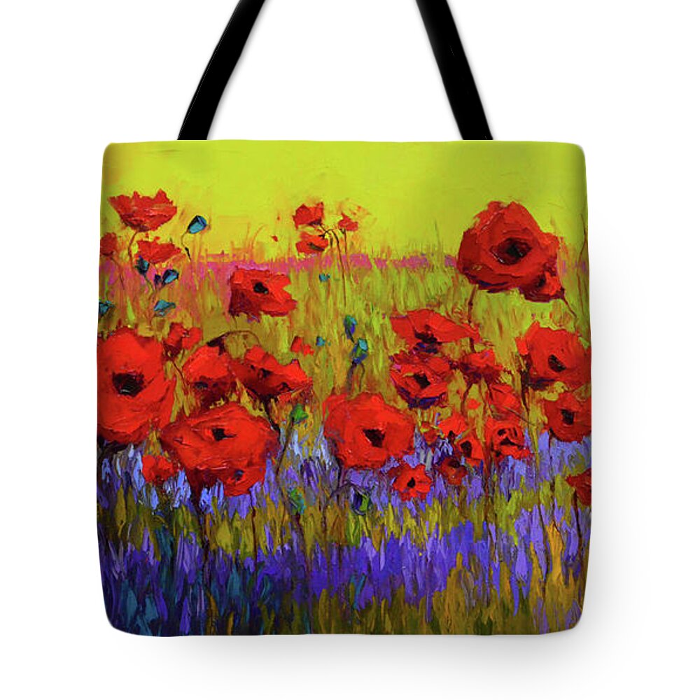 Colorful Wildflowers Tote Bag featuring the painting Poppy Flower Field Oil Painting with Palette knife by Patricia Awapara