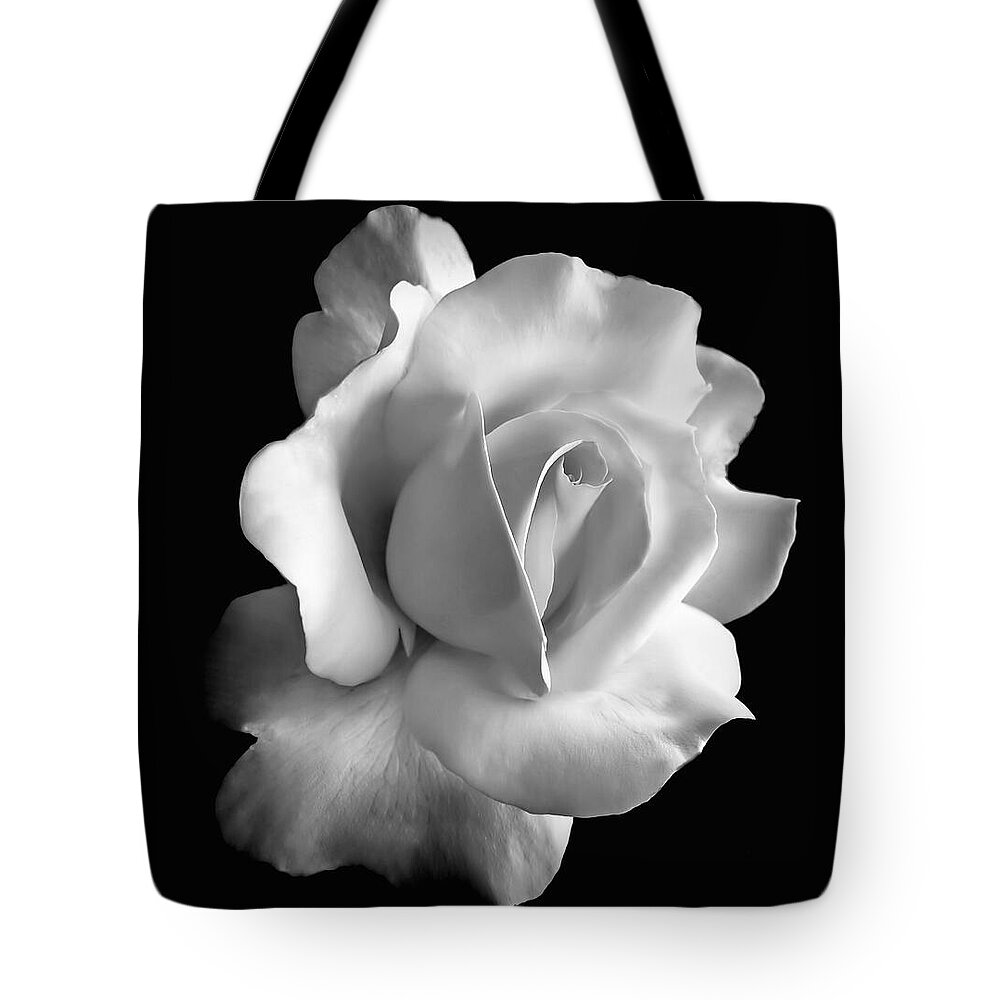 Rose Tote Bag featuring the photograph Porcelain Rose Flower Black and White by Jennie Marie Schell
