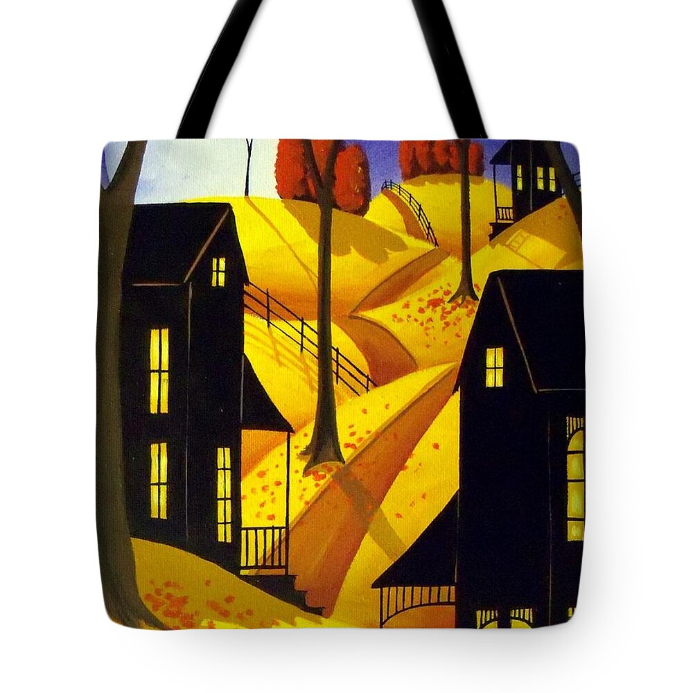 Folk Art Tote Bag featuring the painting Porch Kitty - folk art landscape cat by Debbie Criswell