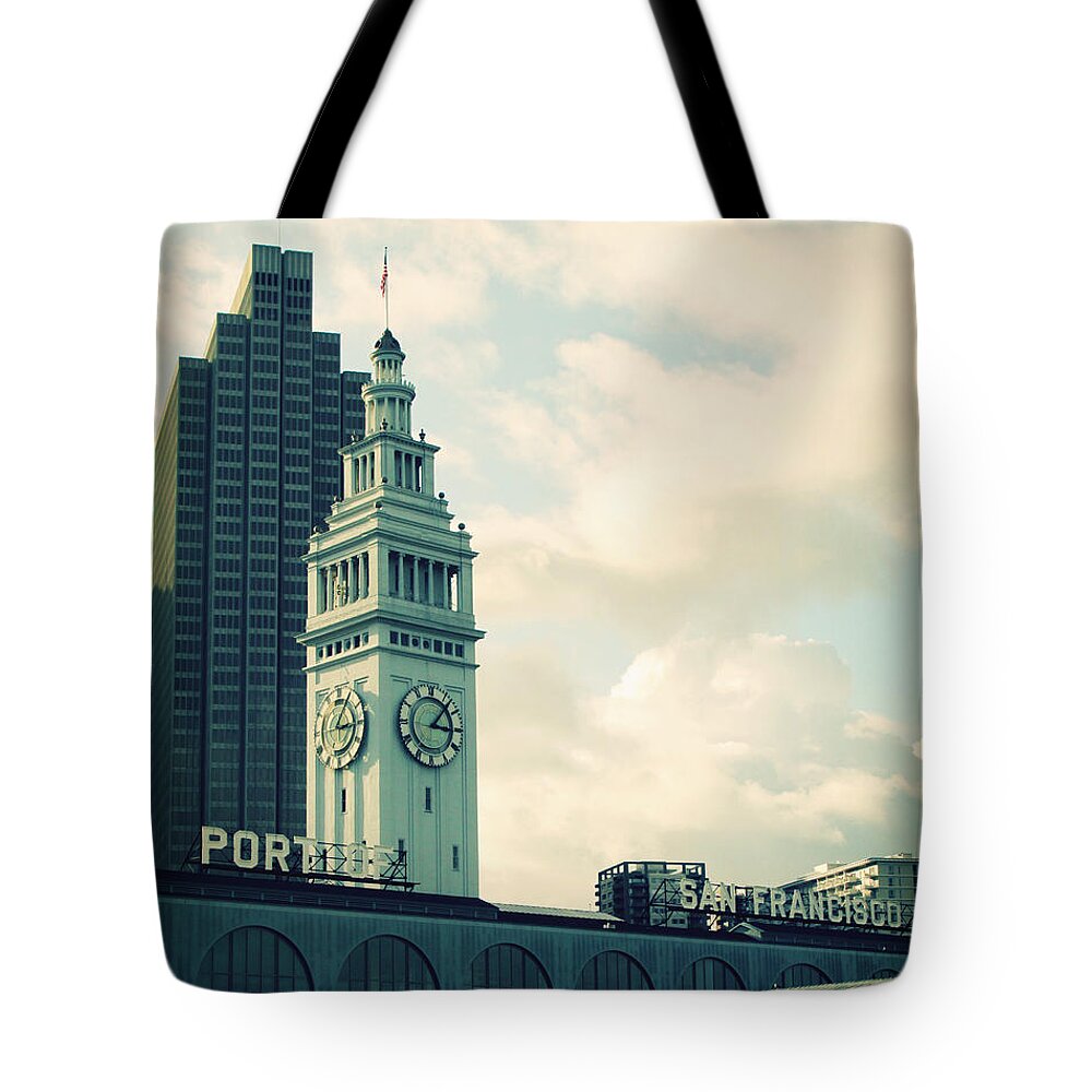 Clock Tote Bag featuring the photograph Port of San Francisco by Linda Woods