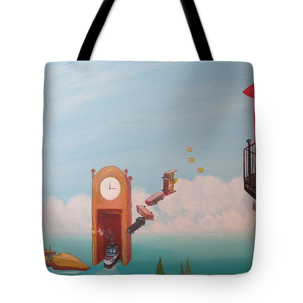 Grandfather Clock Tote Bag featuring the painting Portal Problems by Michael Steven Nicolaou