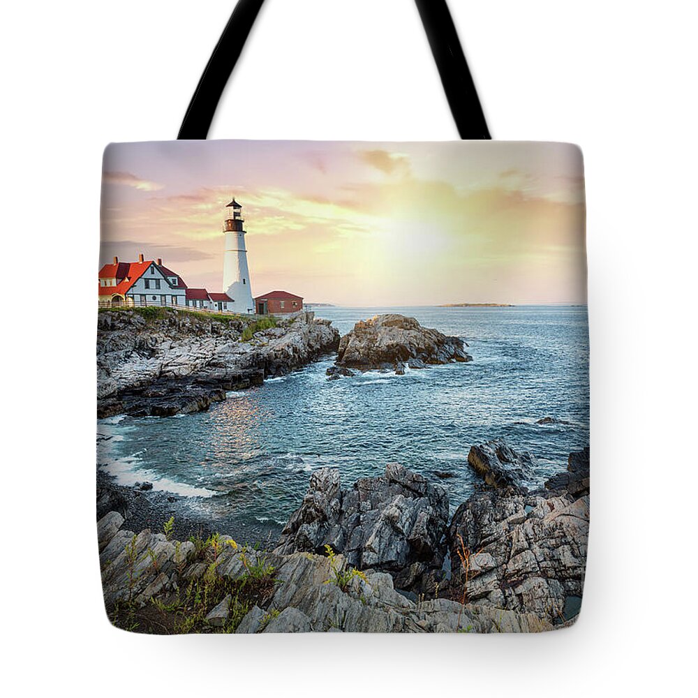 Portland Tote Bag featuring the photograph Portland Head Light at dusk by Jane Rix