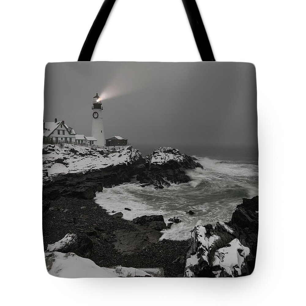 Maine Tote Bag featuring the photograph Portland Head Light Beacon by Colin Chase