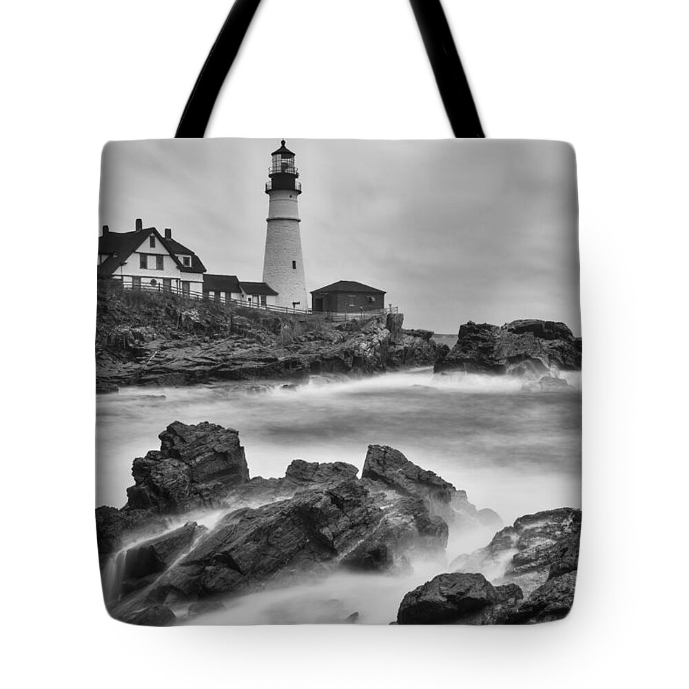 Maine Tote Bag featuring the photograph Portland Head Monochrome by Darren White