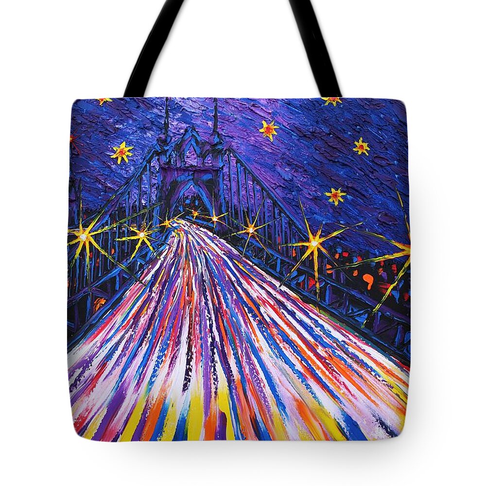 Tote Bag featuring the painting Portland Starry Night Over St. John's Bridge #1 by James Dunbar