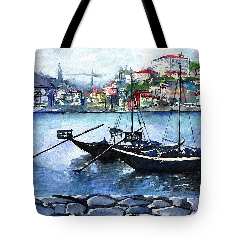 Porto Painting Tote Bag featuring the painting Porto Rabelo Boats by Dora Hathazi Mendes