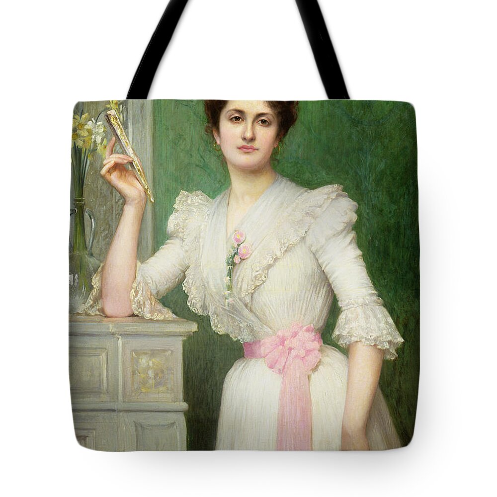 Portrait Tote Bag featuring the photograph Portrait of a lady holding a fan by Jules-Charles Aviat