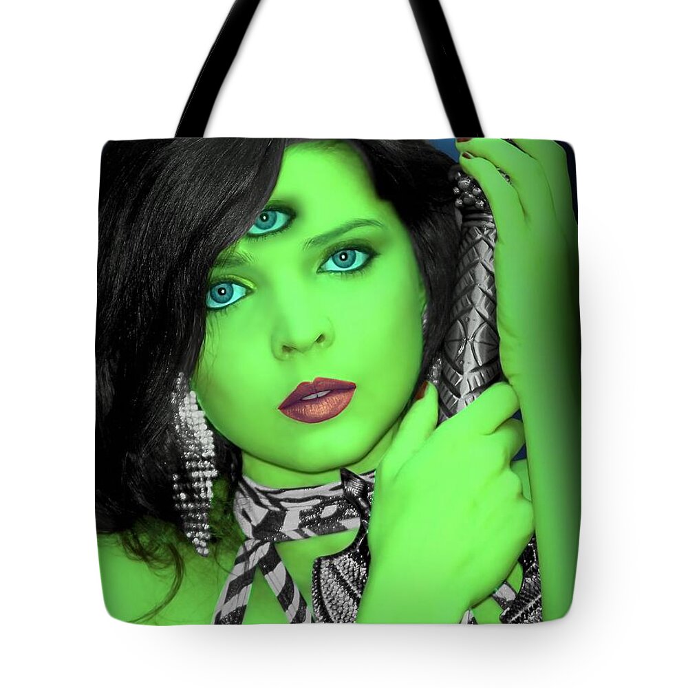 Fantasy Tote Bag featuring the painting Portrait Of An Alien Girl by Jon Volden