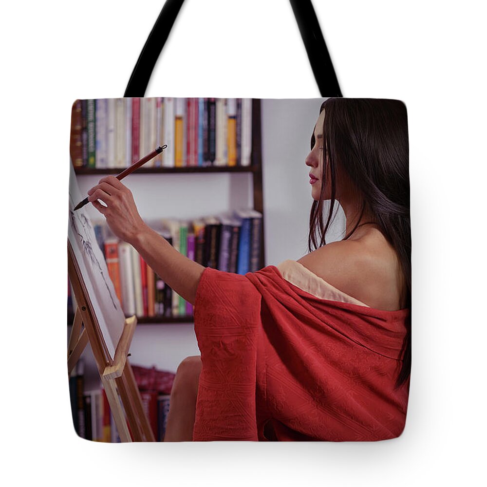 Portrait of asian woman sumi-e artist in red kimono with easel p Tote Bag  by Awen Fine Art Prints - Pixels