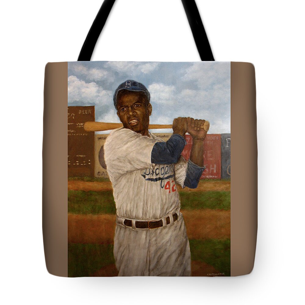Black Athletes Tote Bag featuring the painting Portrait of Jackie Robinson by Sylvia Castellanos