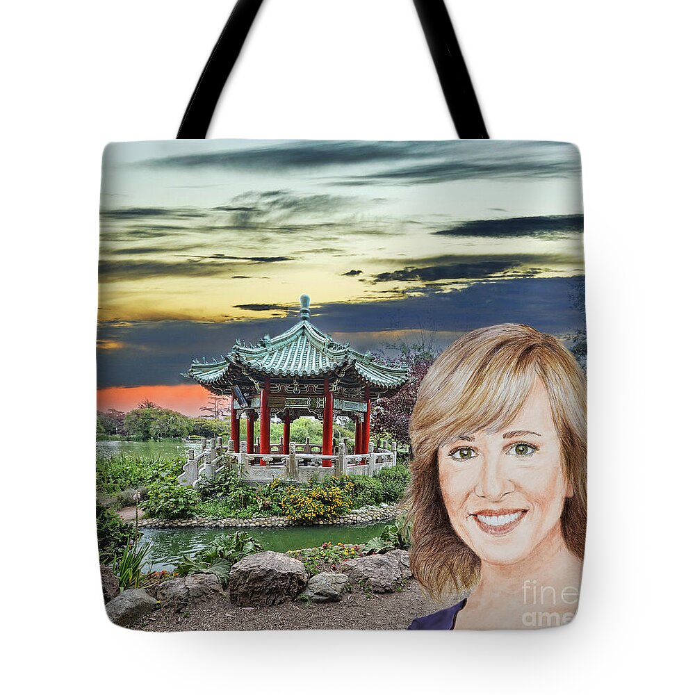 Jamie Tote Bag featuring the mixed media Portrait of Jamie Colby by the Pagoda in Golden Gate Park by Jim Fitzpatrick
