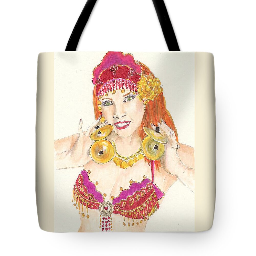 Self-portrait Tote Bag featuring the drawing Portrait of the Artist Playing Zills -- Belly Dancer Self-Portrait by Jayne Somogy