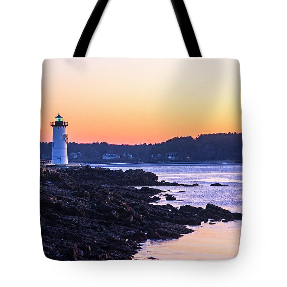 Portsmouth Tote Bag featuring the photograph Portsmouth Light at Sunrise Portsmouth NH New Hampshire by Toby McGuire