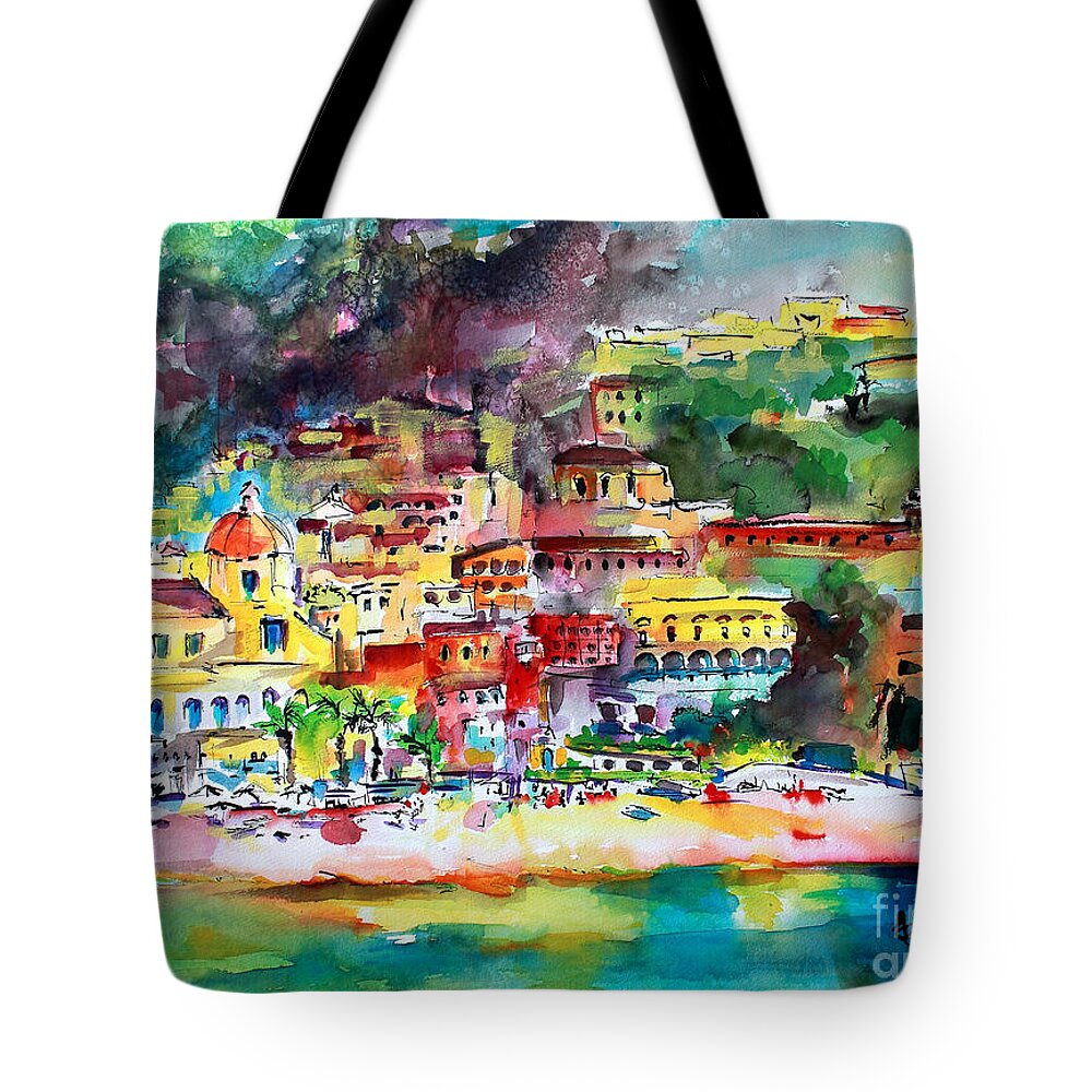 Amalfi Coast Tote Bag featuring the painting Amalfi Coast Positano Summer Fun Watercolor Painting by Ginette Callaway