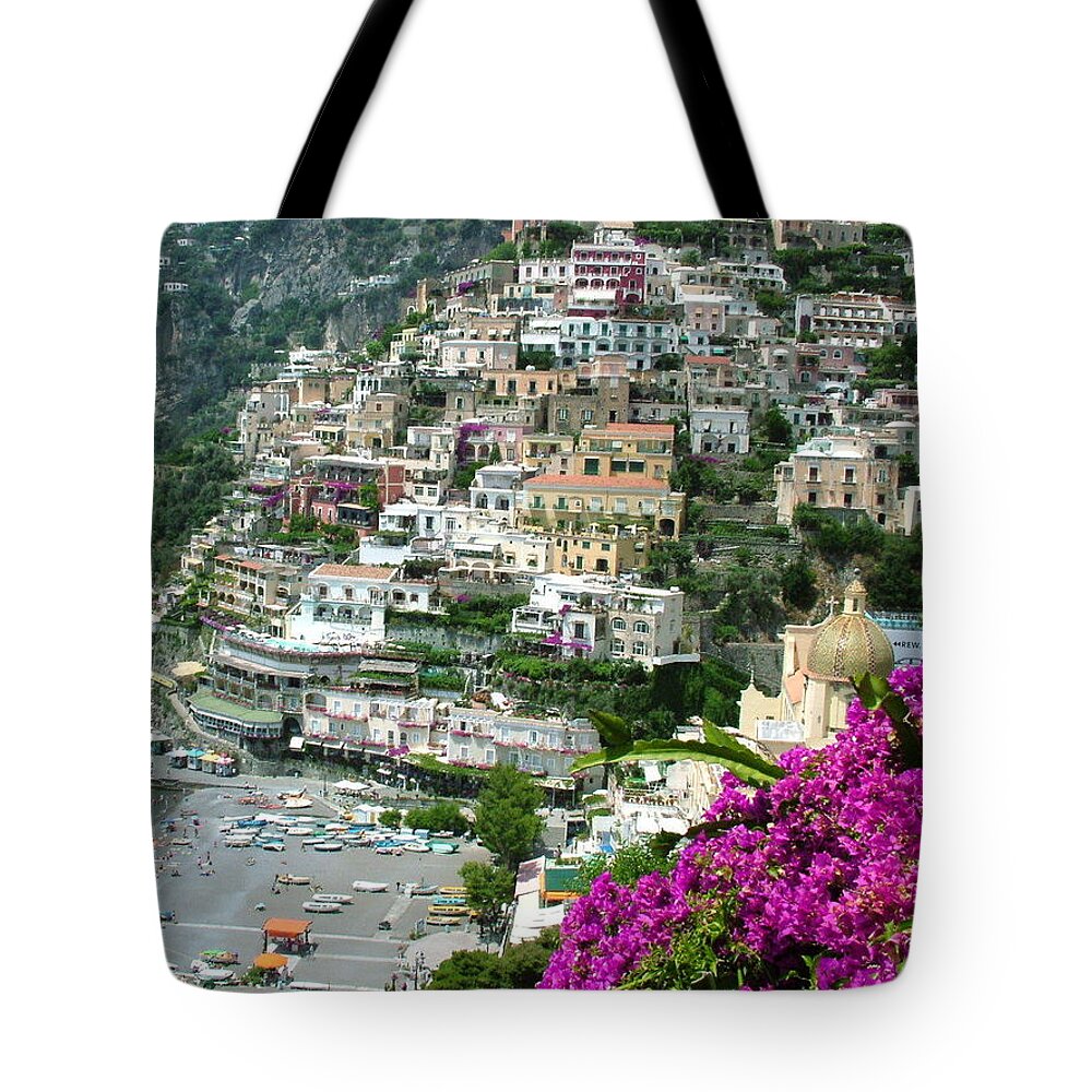 Positano Tote Bag featuring the photograph Positano's Beach by Donna Corless