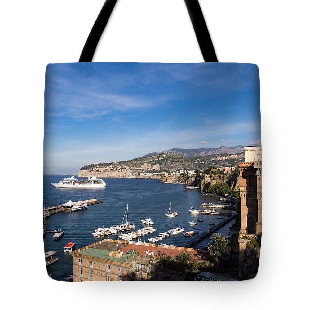 Sorrento Tote Bag featuring the photograph Postcard from Sorrento Italy - the Harbor the Boats and the Famous Clifftop Hotels by Georgia Mizuleva
