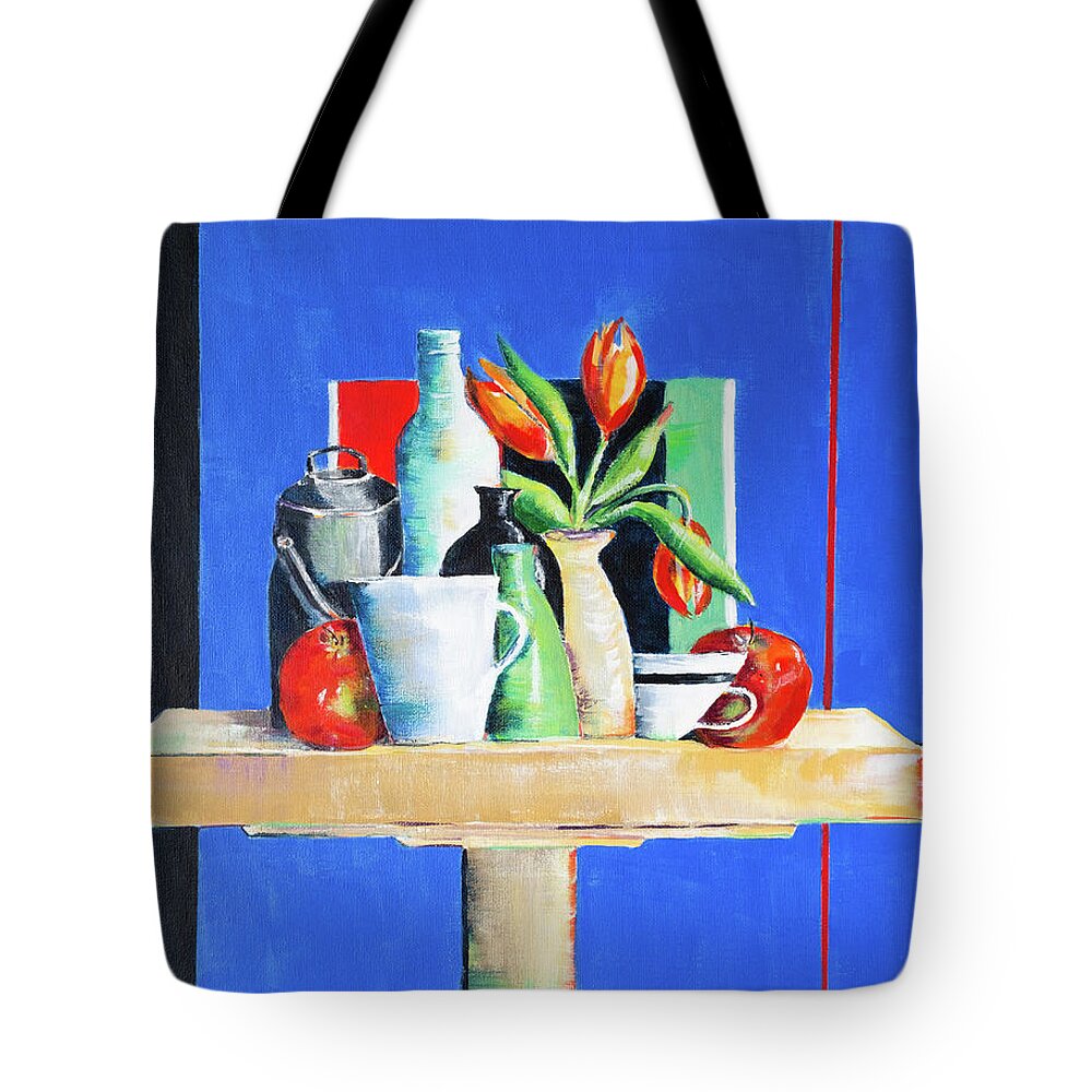 Acrylic Tote Bag featuring the painting Pots And Vases On Blue by Seeables Visual Arts