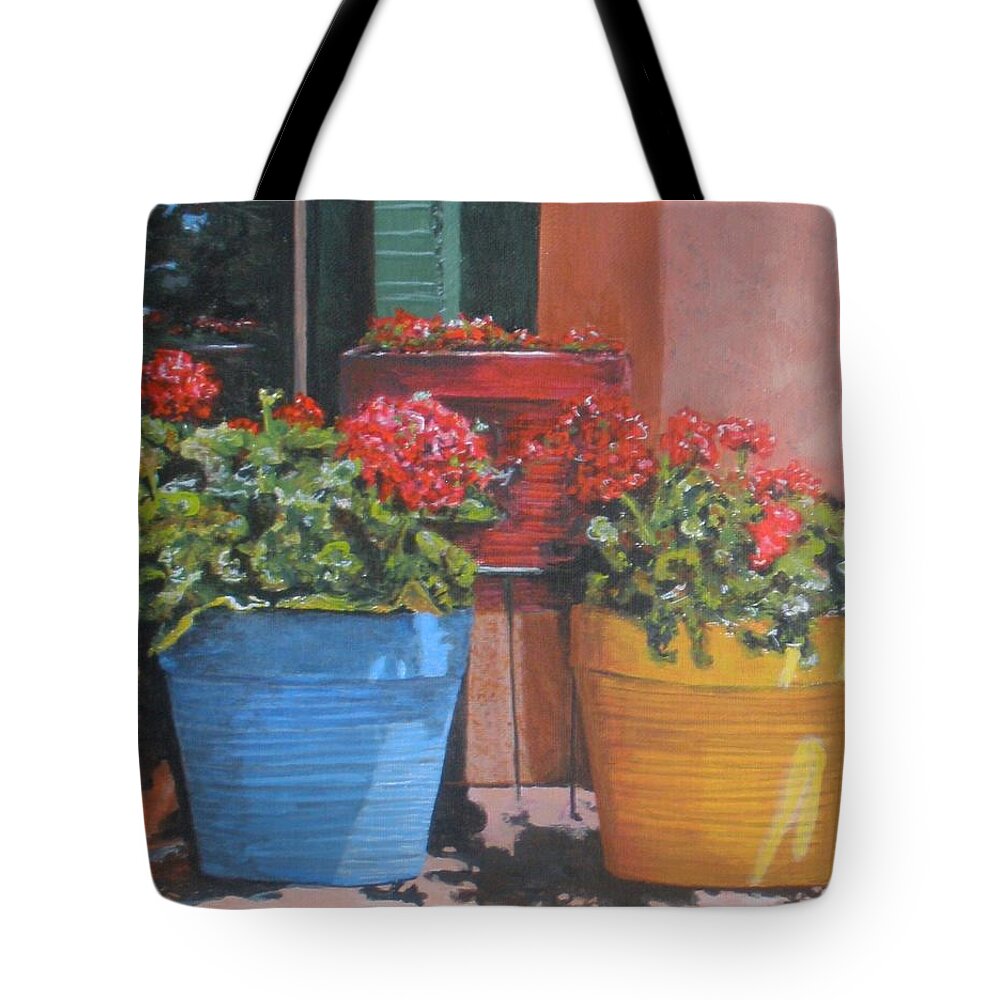 Flowers Tote Bag featuring the painting Pots of Geraniums by Betty-Anne McDonald