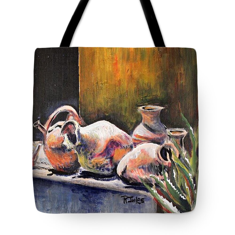 Still Life Tote Bag featuring the painting Pottery and Aloe by Richard Jules