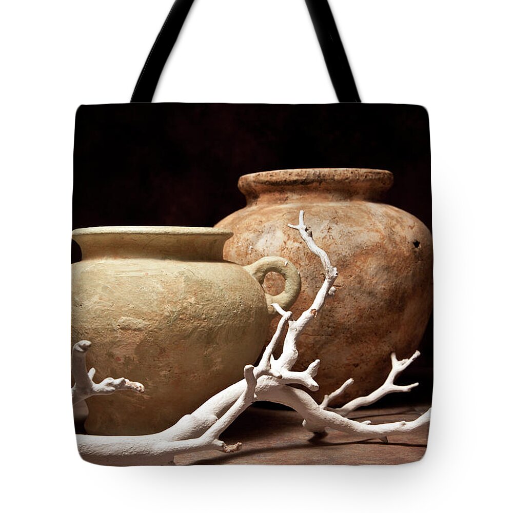 Pottery Tote Bag featuring the photograph Pottery With Branch I by Tom Mc Nemar