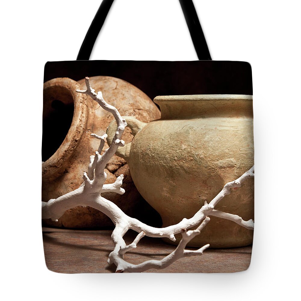 Pottery Tote Bag featuring the photograph Pottery With Branch II by Tom Mc Nemar