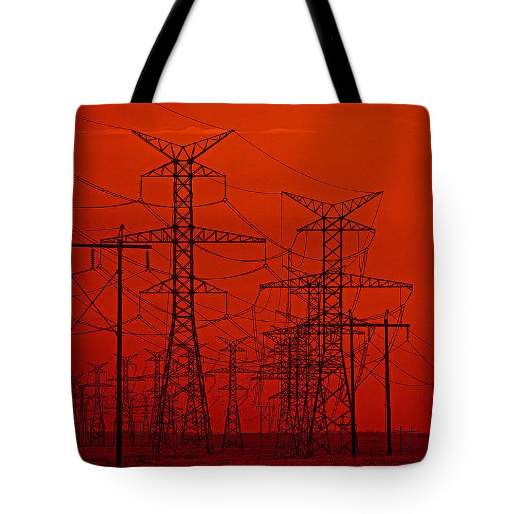 Red Tote Bag featuring the photograph Power Lines by Darcy Dietrich